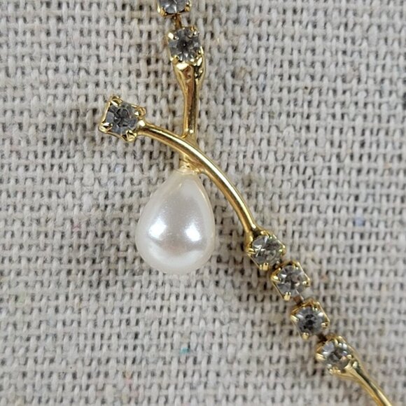 Vintage Gold-Tone Smoke Rhinestone White Faux Pearl Vine Necklace 18 In - Picture 3 of 11